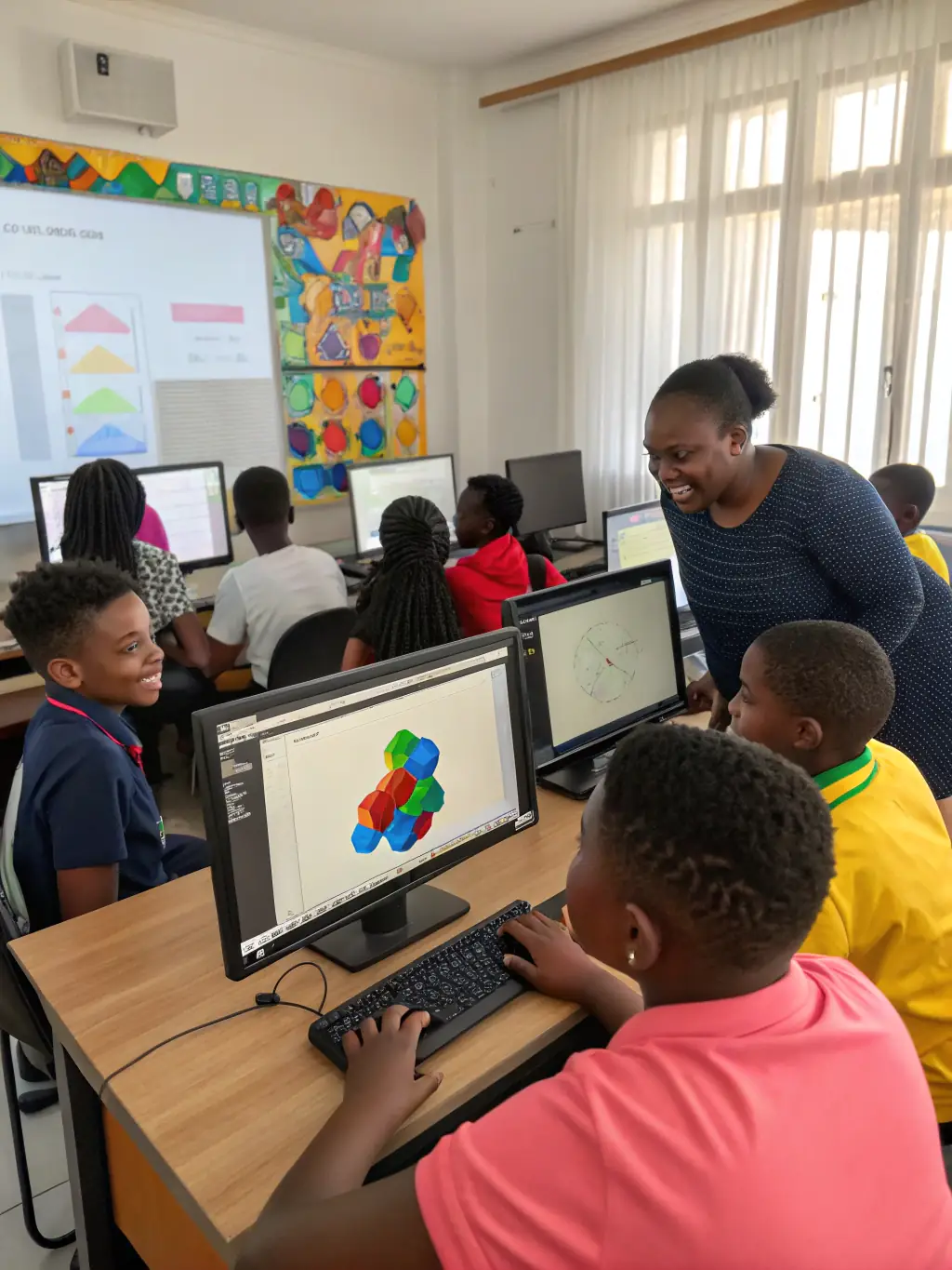 A group of students collaborating on a coding project, showcasing teamwork and problem-solving skills in a tech environment.