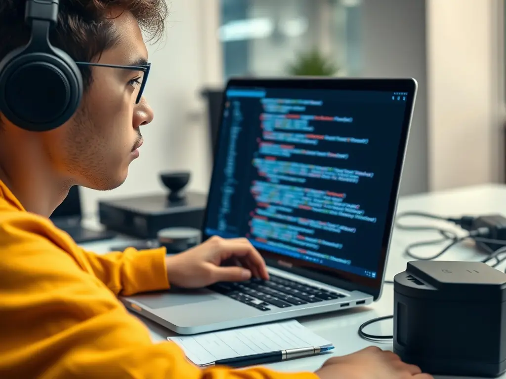 A focused student intensely coding at a modern computer, surrounded by multiple monitors displaying lines of code, in a brightly lit, collaborative workspace at SeagullZone, symbolizing the acquisition of practical coding skills.